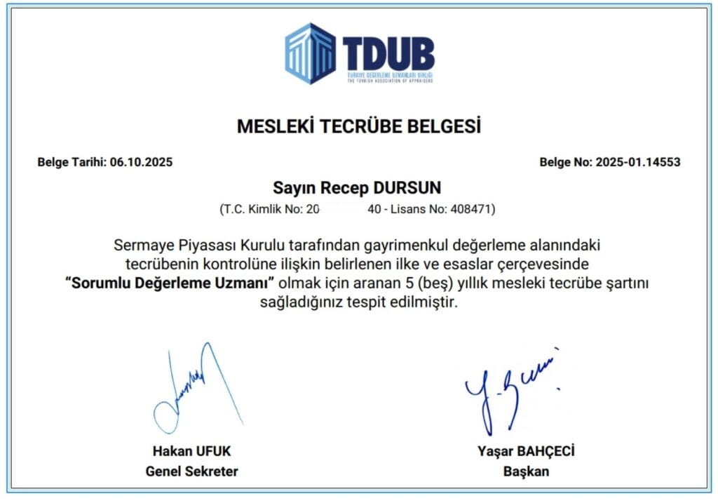 5 yıllık mesleki tecrübe belgesi (Sorumlu Gayrimenkul Değerleme Uzmanı)